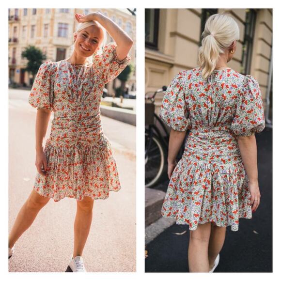 ByTiMO Festive Floral Puff Sleeve Mini Drop Waist Dress In Poppy Size XS - Picture 5 of 16